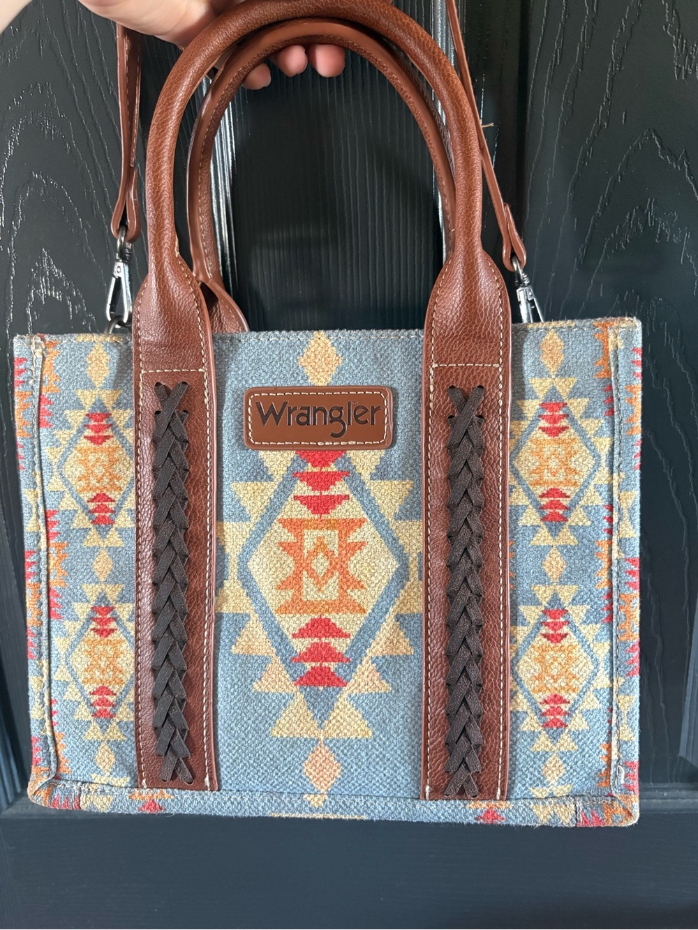 Wrangler Blue Aztec Canvas Tote with Brown Leather Trim
